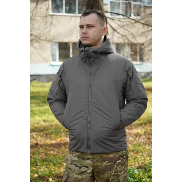 Зимний микропуховик в цвете серый BR YWH с влагостойкой тканью и съемным капюшоном